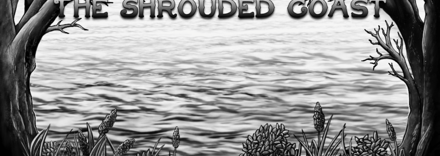 A black and white illustration of a body of water framed by trees on either side, and reeds and bushes at the bottom.